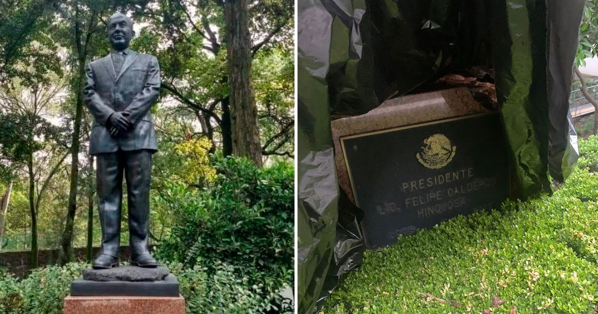 Señal divina: árbol tumba estatua de Felipe Calderón que estaba en Los Pinos