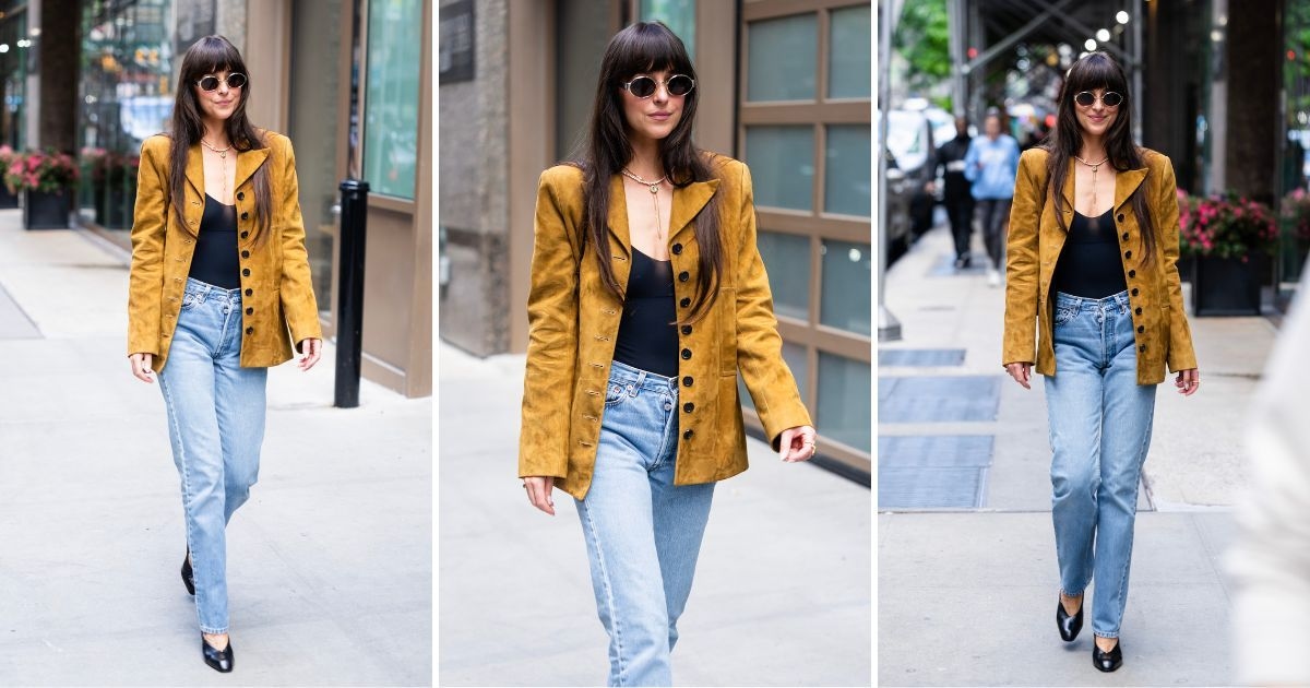 Dakota Johnson'ın Son Şık Off-Duty Görünümü Süet Ceketlerin Yaz İçin de Uygun Olduğunun Kanıtı
