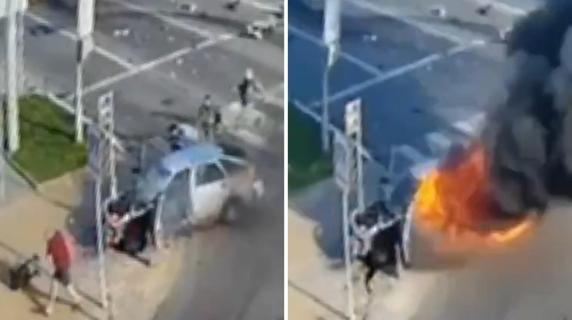 Il drone in picchiata contro l'auto a Belgorod L'esplosione e la fuga | Il video