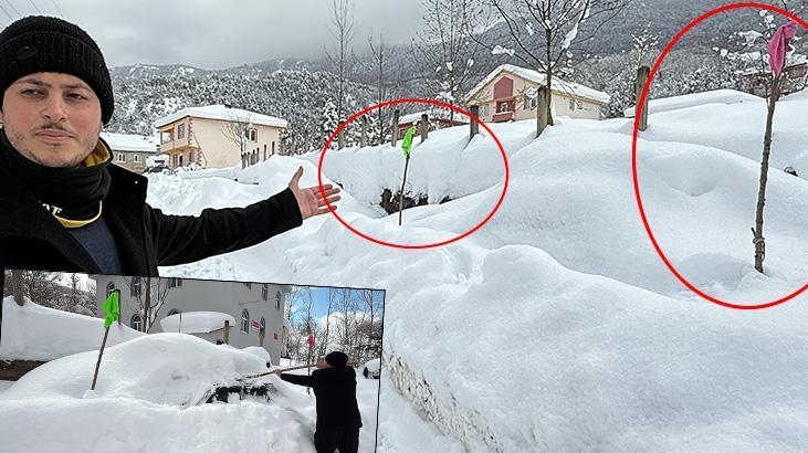 Snow has literally swallowed them: They find their place by tying cloths to a stick