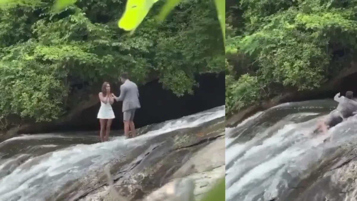 Video | Mann machte an einem Wasserfall einen Heiratsantrag, rutschte jedoch aus, bevor er seine Rückkehr feiern konnte.