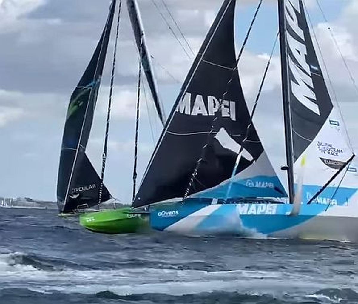 Video. Zeilen: Doorboorde romp, gescheurd zeil, spectaculaire botsing tussen twee IMOCA's bij de start van The Ocean Race Europe