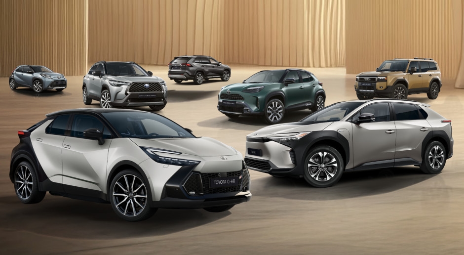 Exclusive offers at Toyota showrooms this week only. SUVs in the foreground