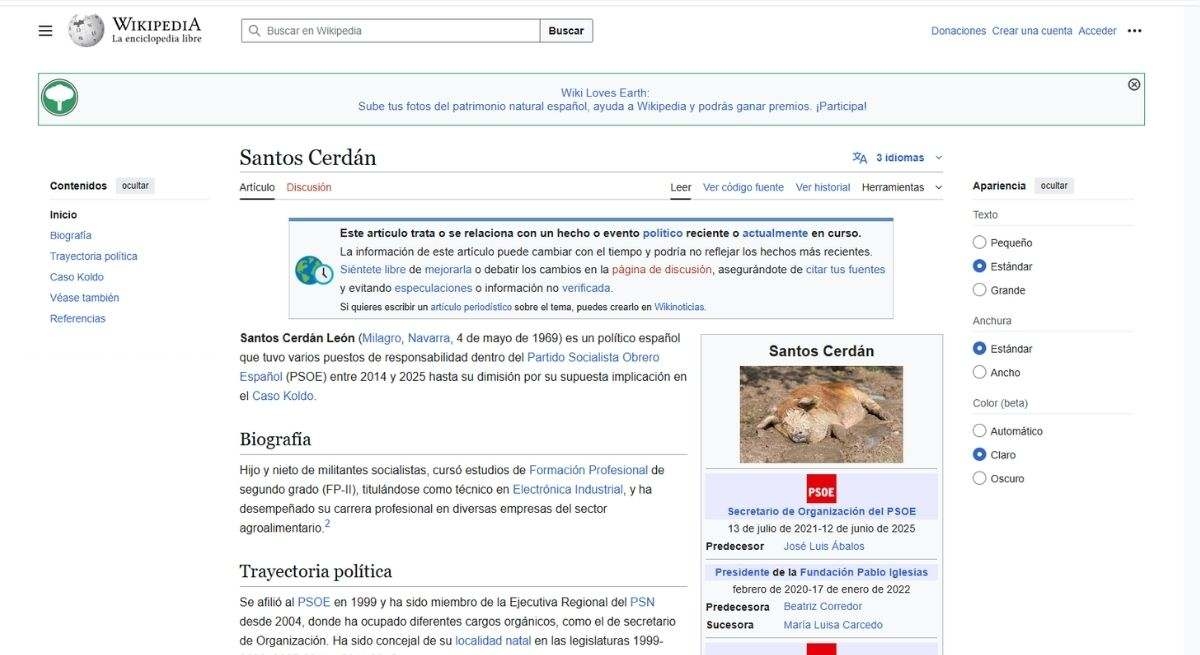 La photo de profil Wikipédia de Santos Cerdán a été modifiée pour inclure une image d'un animal.