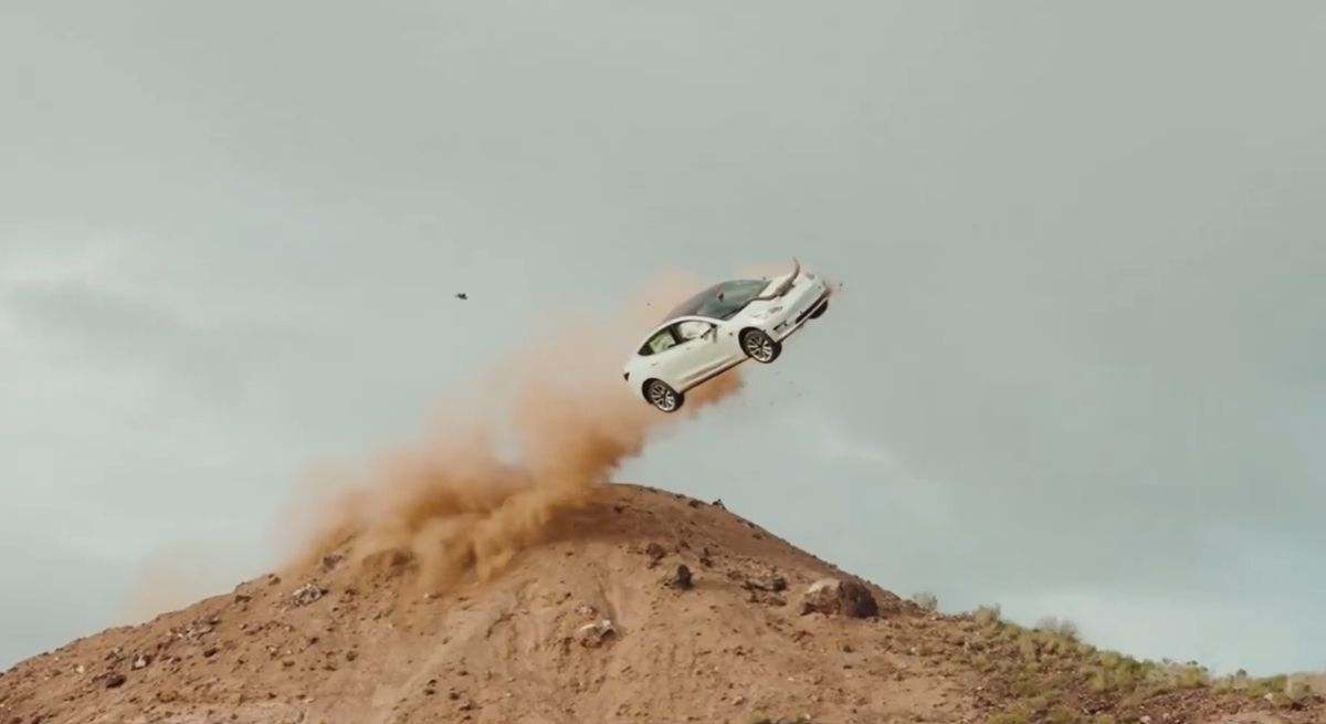 He drives a Tesla off a cliff and what everyone was expecting doesn't happen.