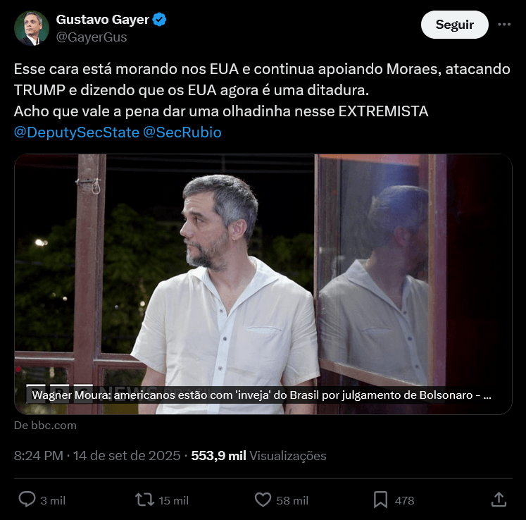 Brasil vive “momento extraordinário de democracia”, destaca Wagner Moura em ato em Salvador