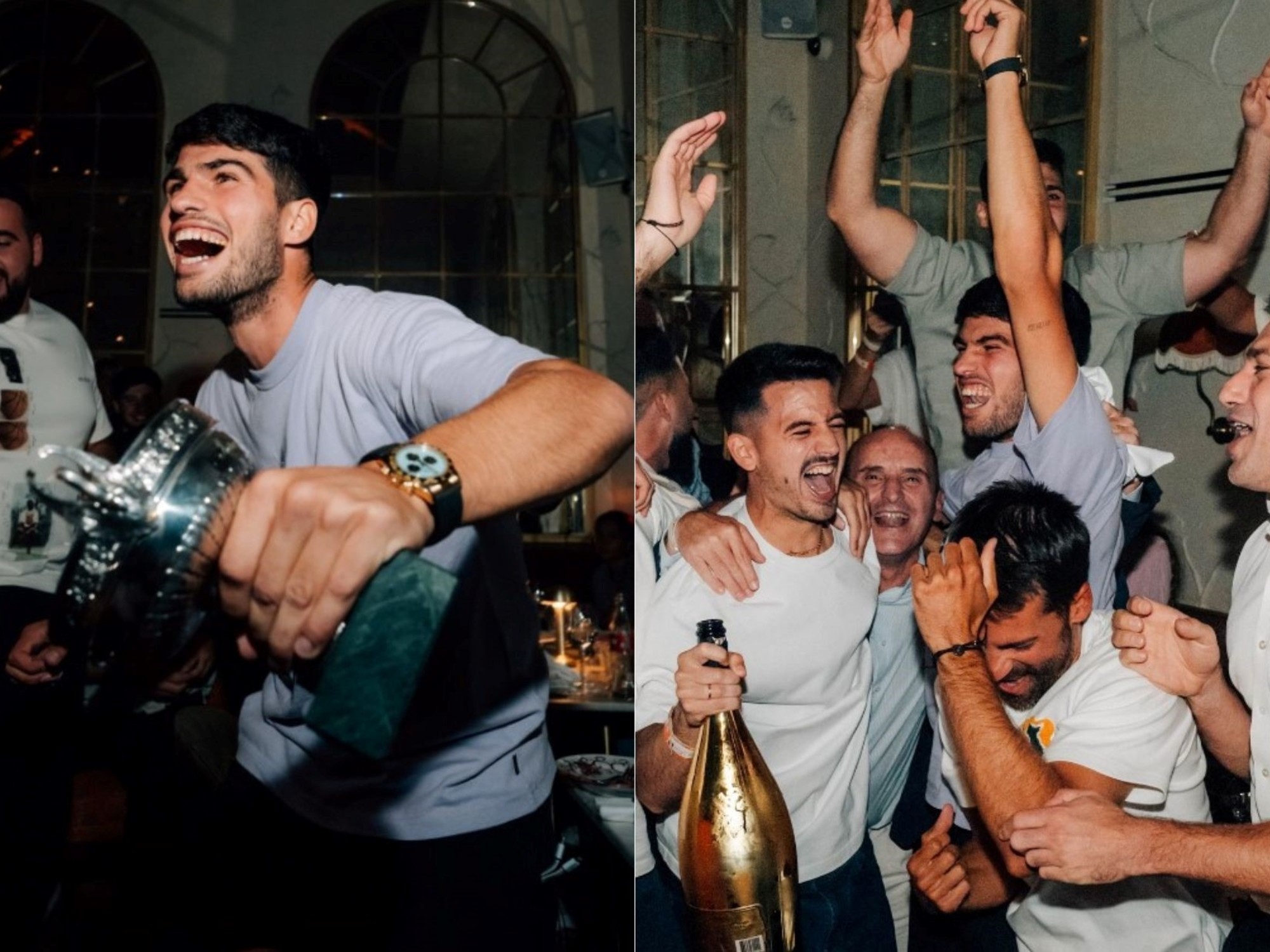 Carlos Alcaraz, living the life of the city: champagne galore, sparklers, and the Paris party that continues in Ibiza to celebrate Roland Garros.