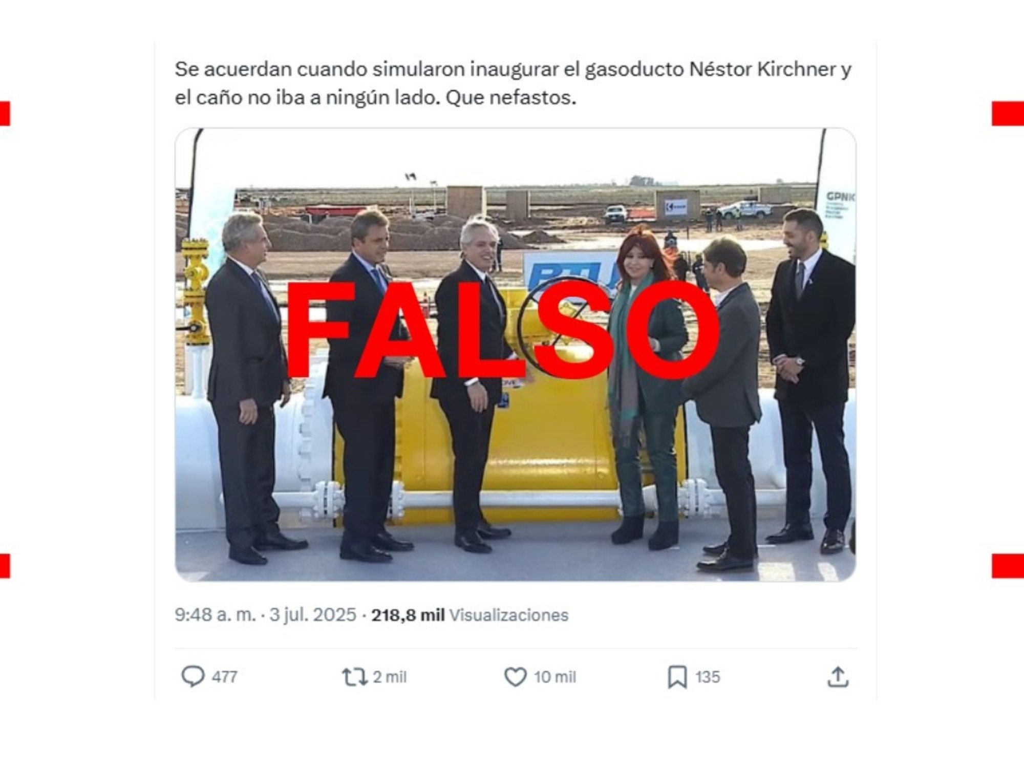 A returning misinformation: the ex-Néstor Kirchner gas pipeline was not a "simulation"; it has been operating since August 2023.