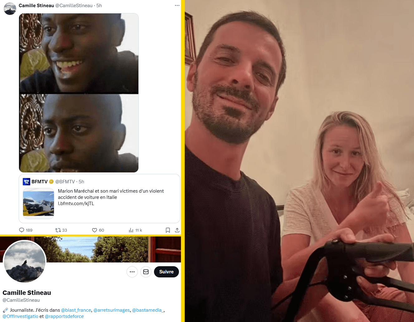 Marion Maréchal en haar man waren slachtoffer van een ernstig verkeersongeval. Dat leidde tot controverse na een tweet van Camille Stineau, een linkse journaliste, waarin ze haar spijt uitsprak dat het echtpaar, de ouders van een dochtertje, niet was o...