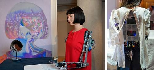 An anthropomorphic robot claims to paint portraits "with no intention of replacing people."