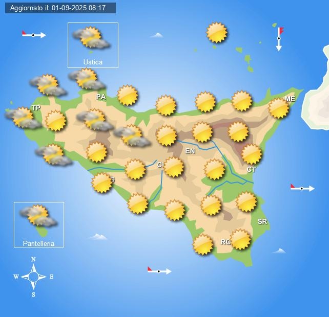 Clima na Sicília para terça-feira, 2 de setembro